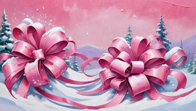 The primary subject of the image is a pair of pink ribbons, which are the main objects in the scene. The ribbons are tied in a bow and are placed in a snowy environment. The setting includes a mountainous background, adding a sense of depth and contrast to the scene. The visual style of the image is a painting, which gives it a more artistic and creative appearance. The dominant colors in the image are pink and white, creating a warm and festive atmosphere.